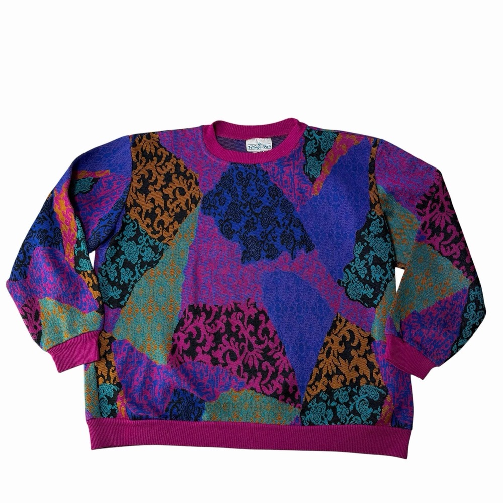Vintage 80s Village Fair Sweater Womens Multicolor Abstract Geometric Pullover